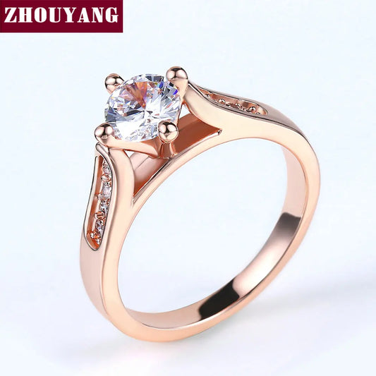 ZHOUYANG Engagement Wedding Ring For Women Classic Prong Setting CZ  Rose Gold Color Fashion Jewelry Lover's Ring R064 R065
