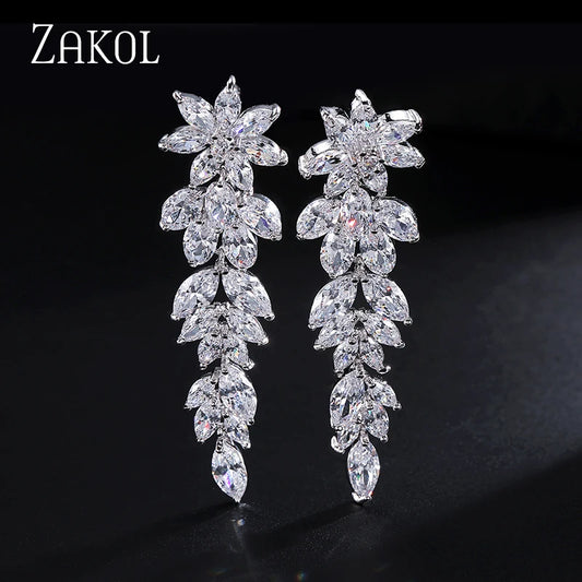 ZAKOL Luxury Gorgeous Marquise Cluster Dangle Earrings for Women Flower Shape Cubic Zirconia Long Earring Bride Wedding Jewelry