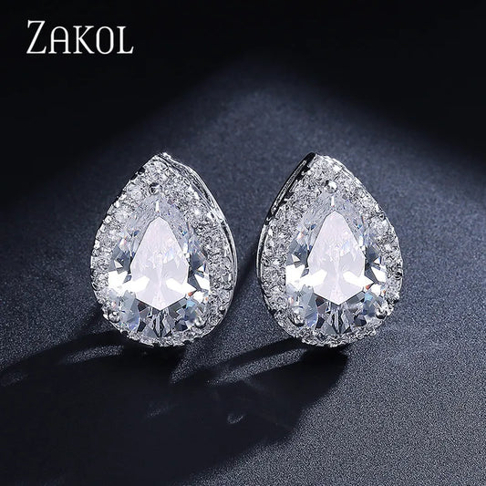ZAKOL Classic Water Drop Cubic Zircon Stud Earrings for Women Fashion Teardrop Crystal Bridal Wedding Party Jewelry Aretes