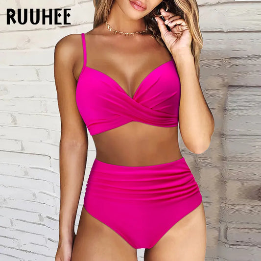 RUUHEE High Waist Bikini 2023 Woman Swimsuit Women Swimwear Bathing Suit Padded Push Up Ruched Swimsuit Women Bikini Set
