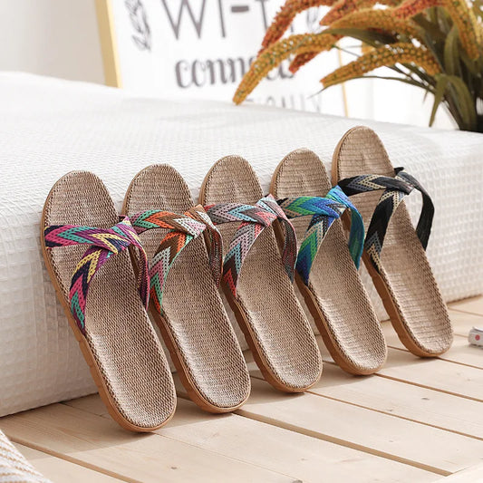 Mntrerm Hot 2023 New Candy Color Flax Home Slippers Striped Cut-outs Summer Indoor Slippers Flats Soft Cool Women Linen Slipper
